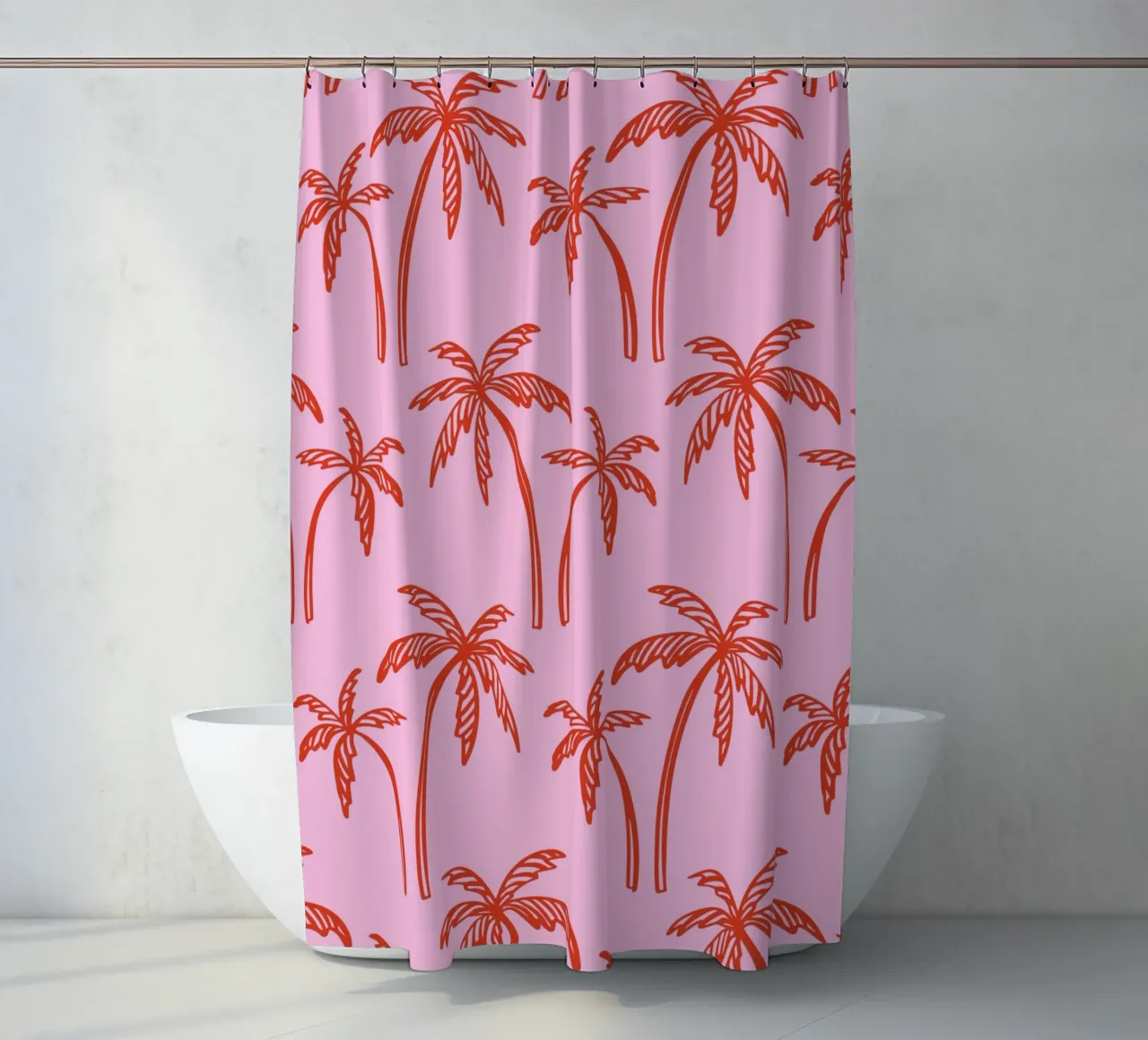 Tropical Palm Tree Pattern – Pink and Red Retro Beach Vibes shower curtain by pdigitalprints