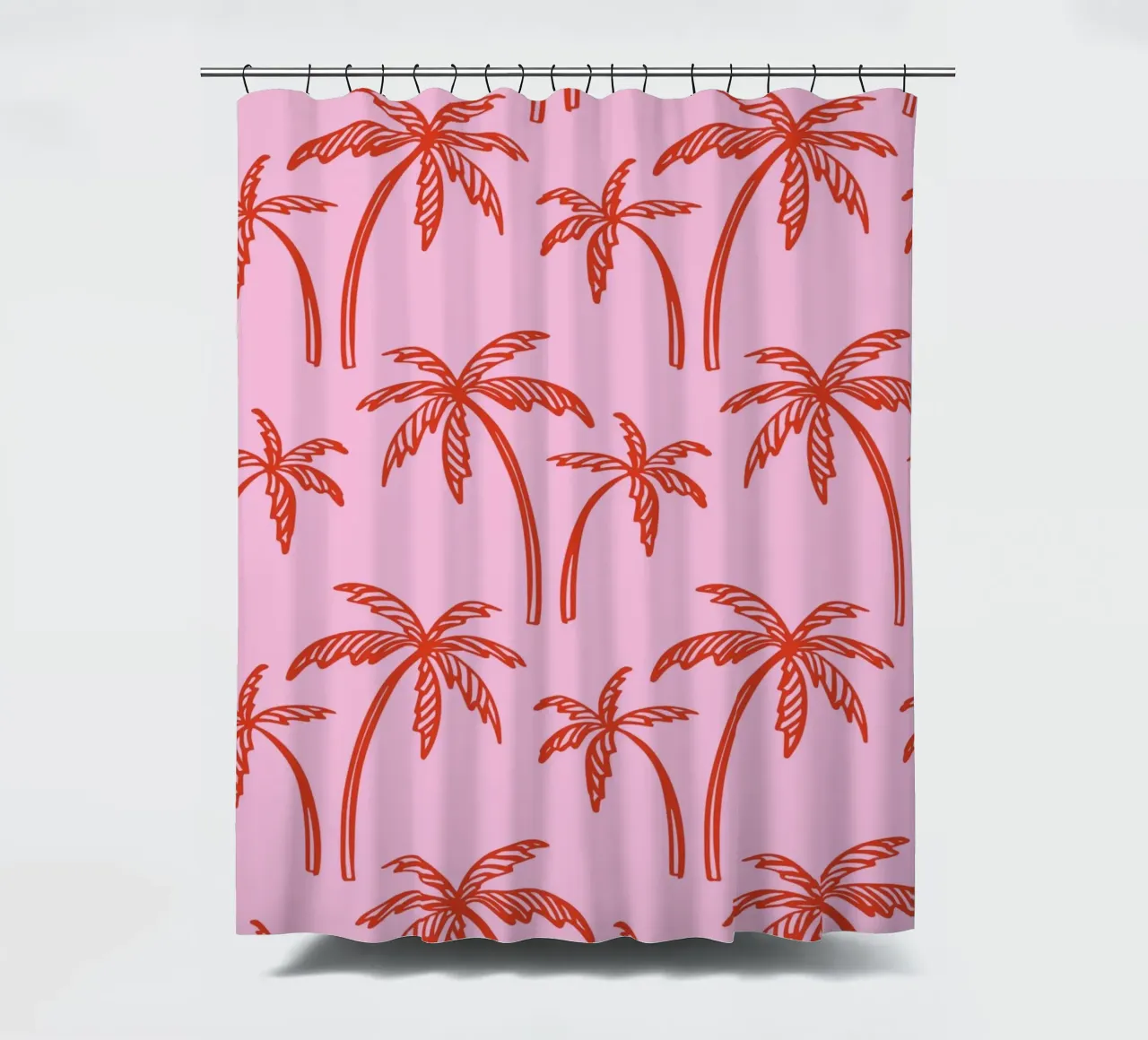 Tropical Palm Tree Pattern – Pink and Red Retro Beach Vibes shower curtain by pdigitalprints