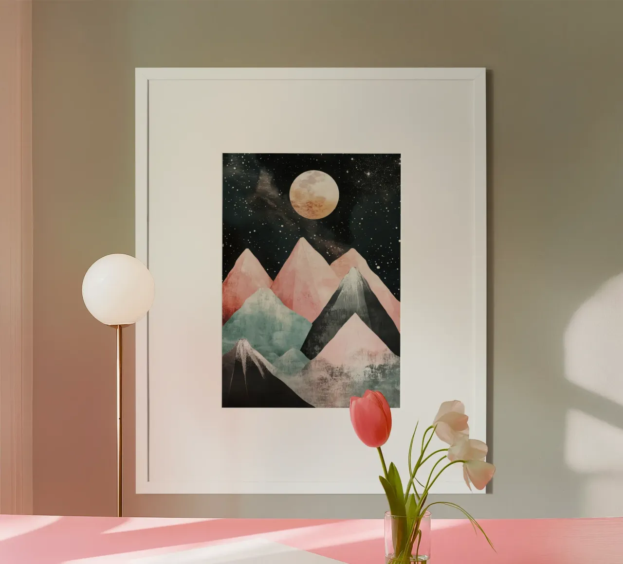 Pastel Moon over Watercolor Peaks poster con telaio in legno da Niklas