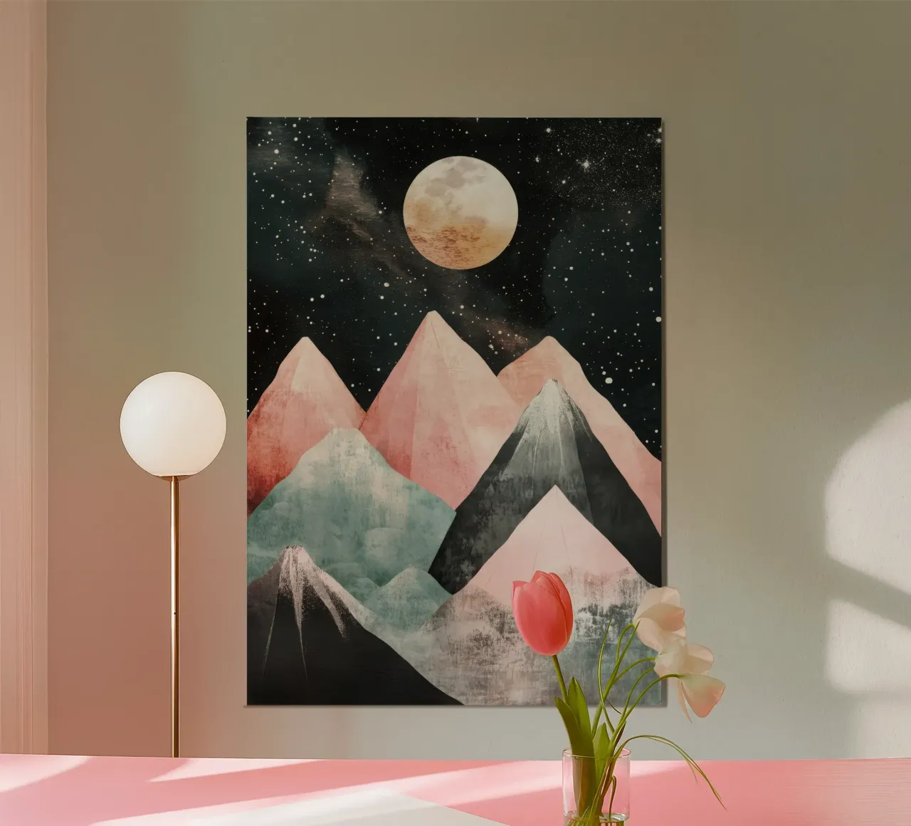Pastel Moon over Watercolor Peaks poster con telaio in legno da Niklas