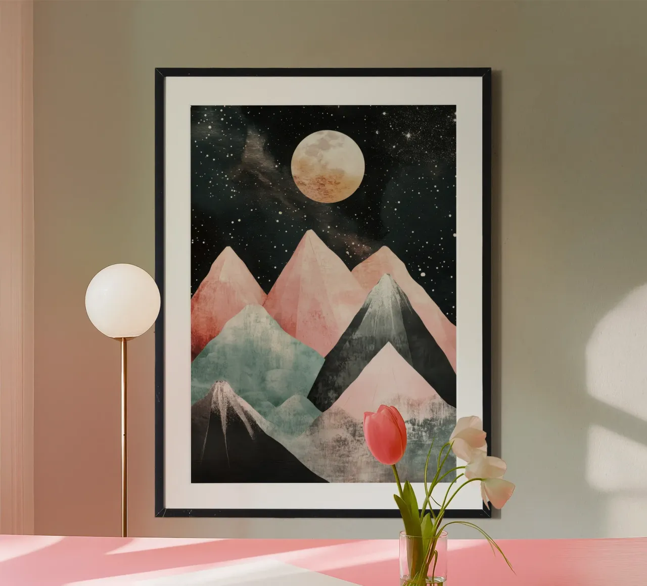 Pastel Moon over Watercolor Peaks poster con telaio in legno da Niklas