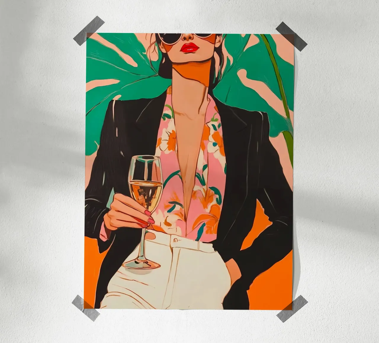 Donna con bicchiere di vino poster con telaio in alluminio da IamHomeStudio