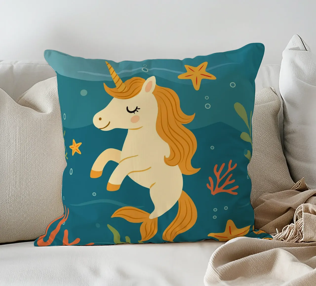 Unicorn with fin - magic under water decorative cushion by namosh
