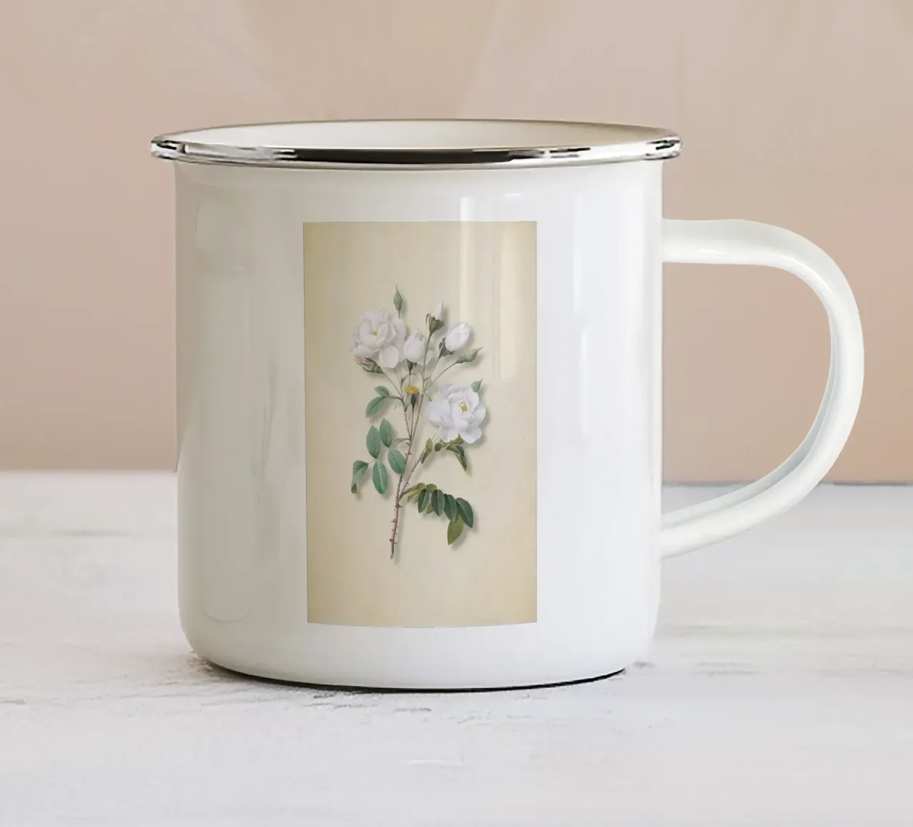 Stampa Rosa Campanulata Alba - Rosa bianca botanica vintage A tazza in smalto da ClubArt