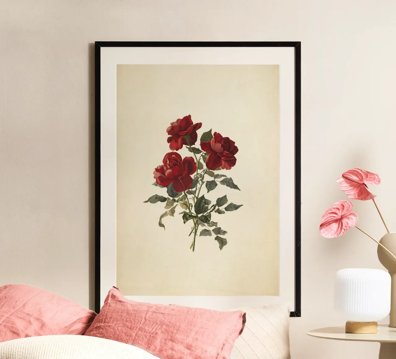 Rose rosse di Grace Barton Allen - Arte botanica floreale d'epoca poster con telaio in legno da ClubArt
