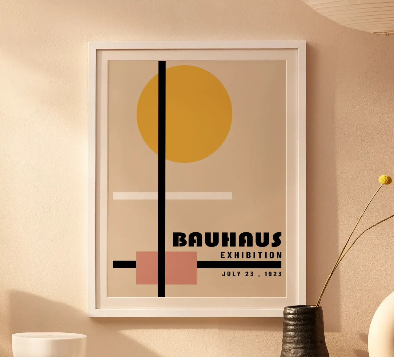 Minimalistische Bauhaus poster - zon & lijnen poster met houten frame van Casa Calm