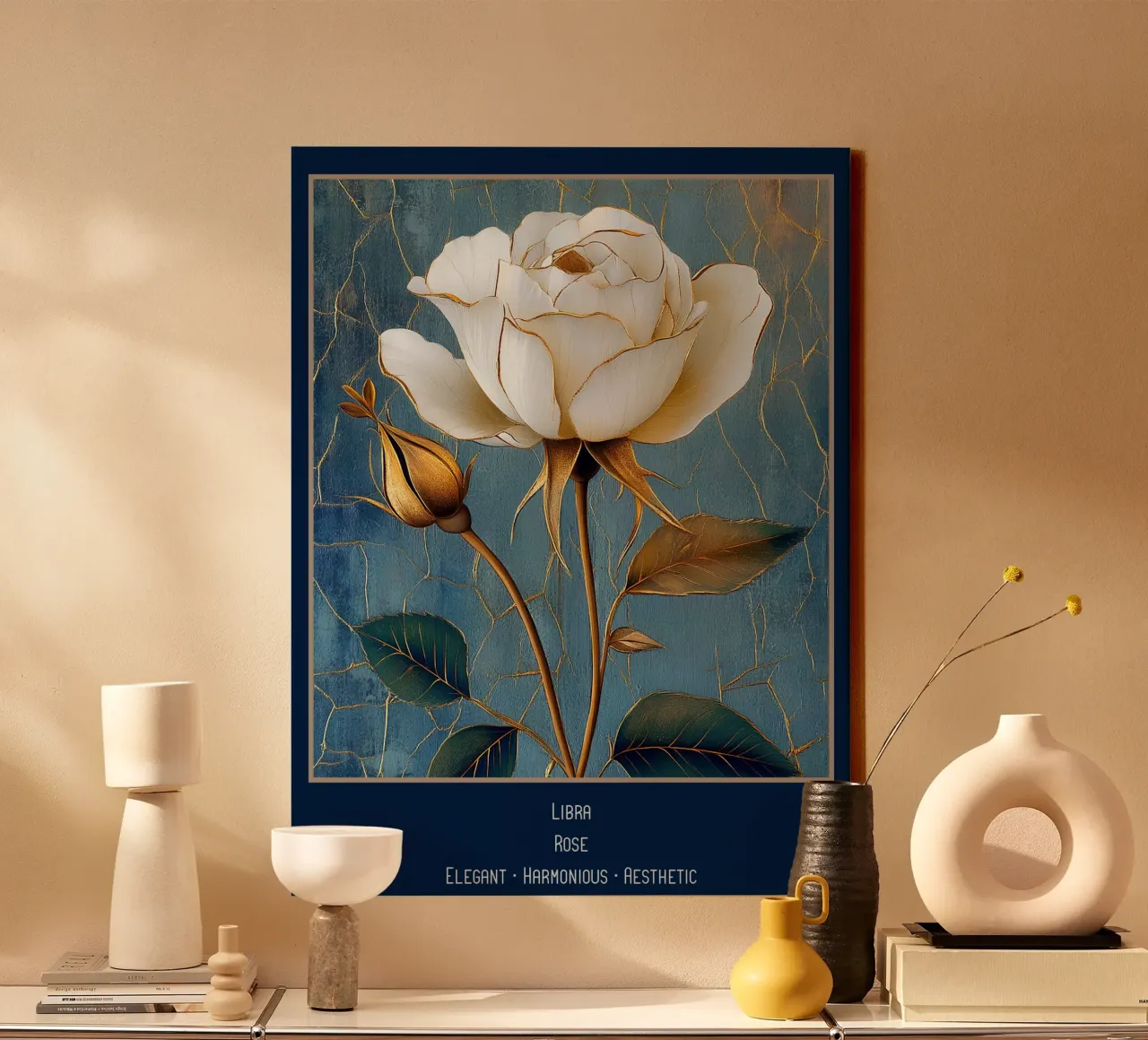 Las flores de los signos del zodiaco: Libra - Rosa lienzo con Marco flotante de Art-Nouveau-Dsg