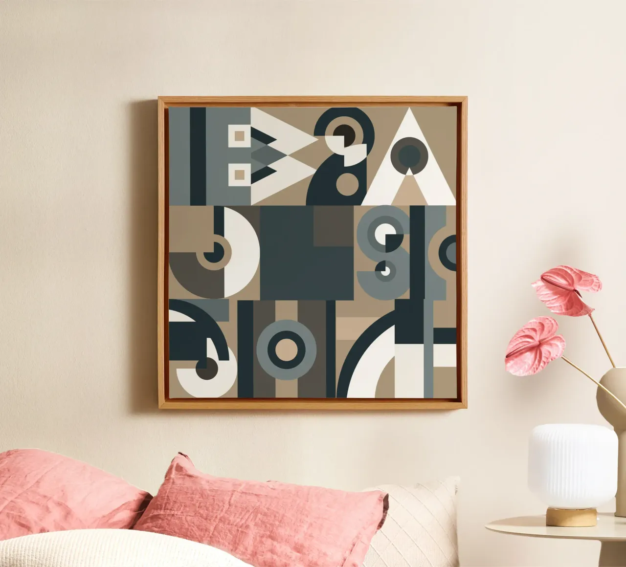 Grey geometric collage pattern canvas with Floater frame by Little Dean