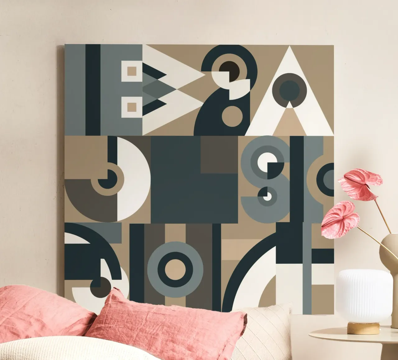 Grey geometric collage pattern canvas with Floater frame by Little Dean