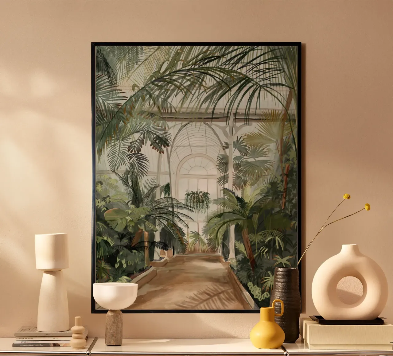Kew Gardens Londra, Casa delle palme botanica tropicale vittoriana poster con telaio in legno da This Wild Soul - Illustration