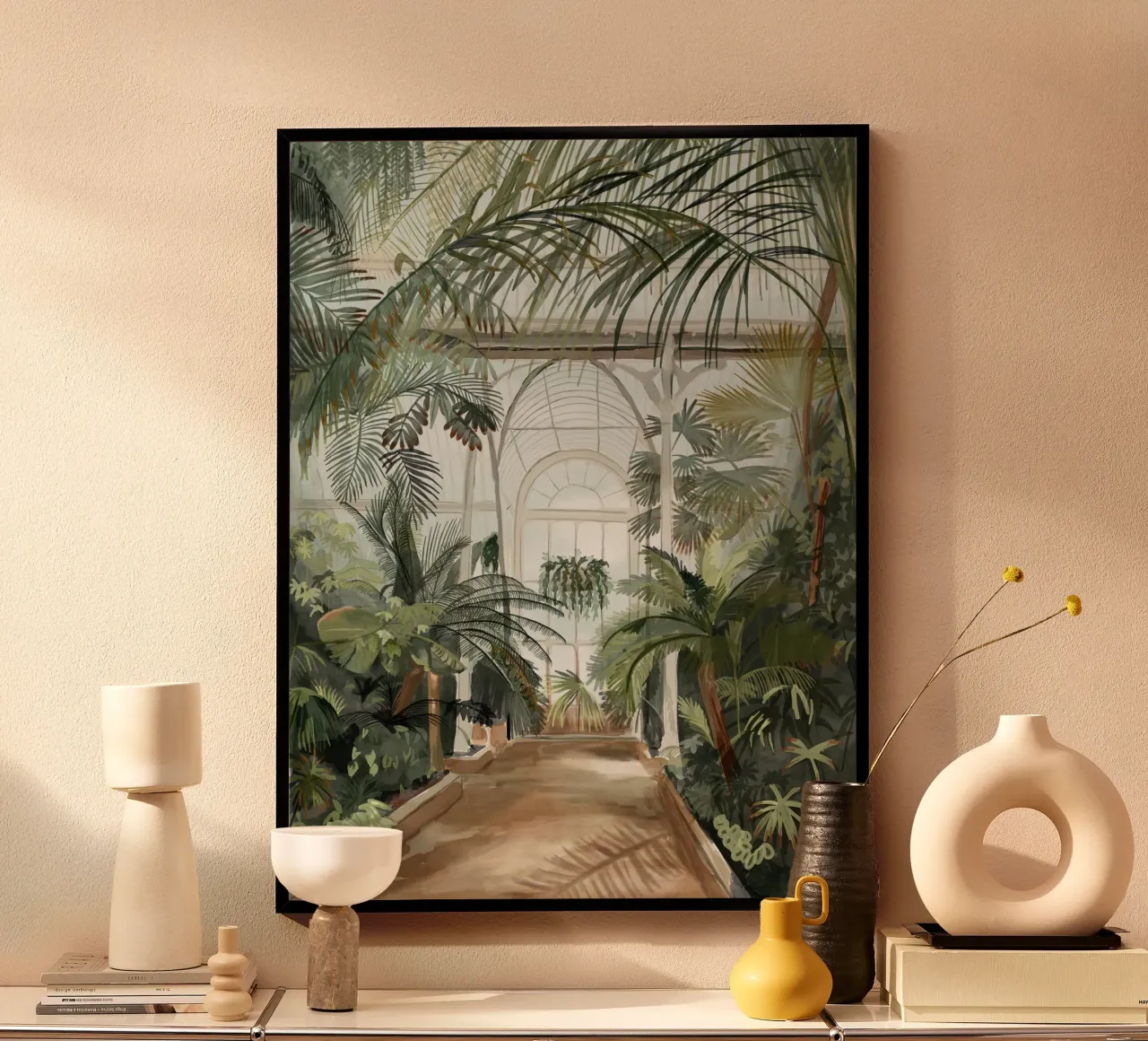 Kew Gardens Londra, Casa delle palme botanica tropicale vittoriana poster con telaio in legno da This Wild Soul - Illustration