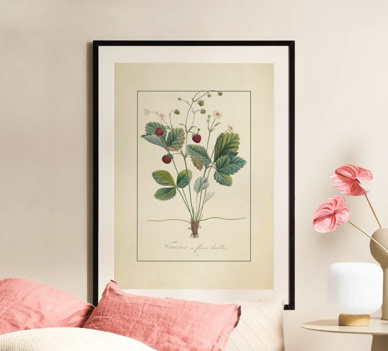 Stampa botanica vintage di fragole selvatiche - Fraisier Art poster con telaio in alluminio da ClubArt