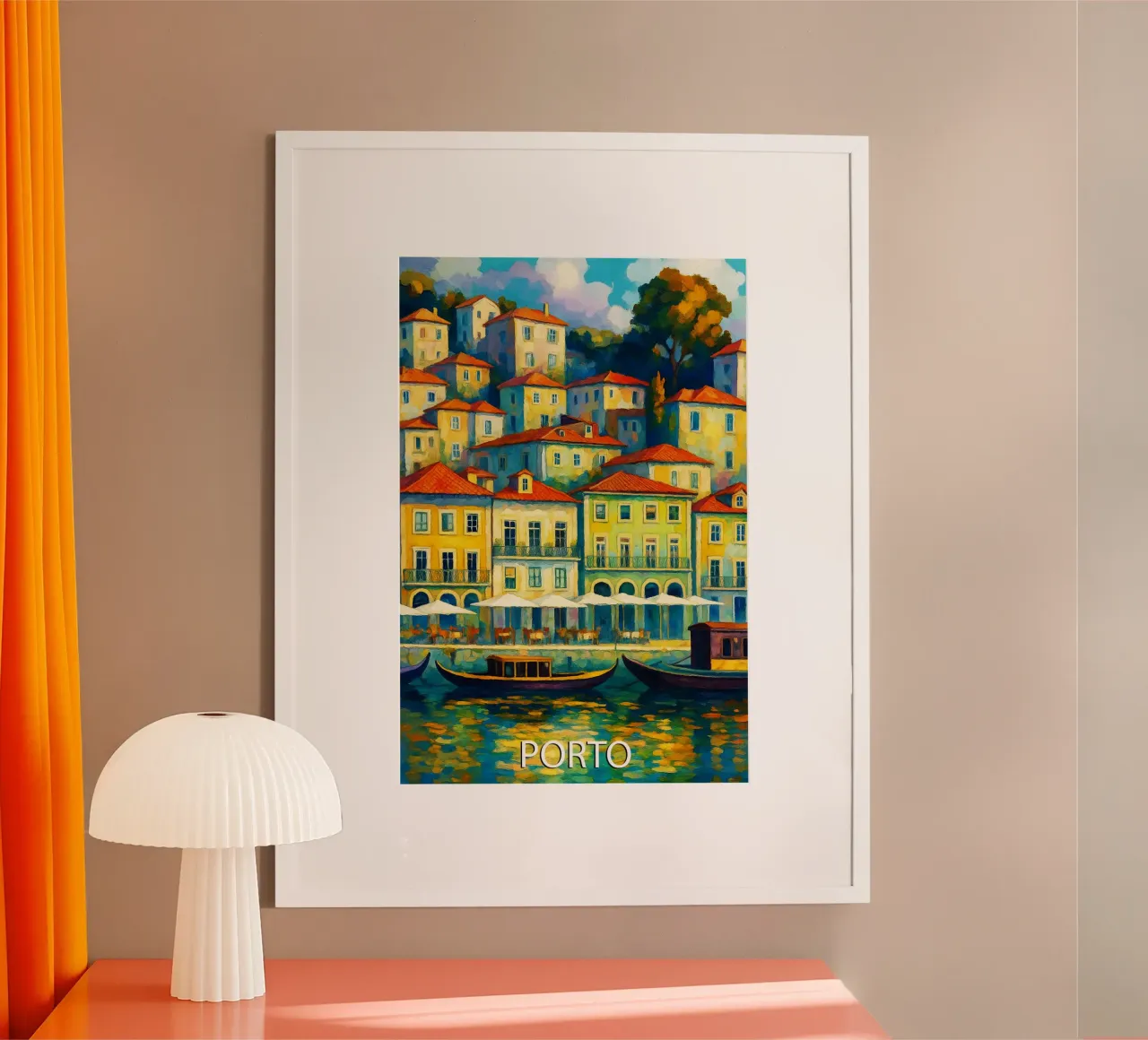 porto portoghese skyline pittura vettoriale poster con telaio in legno da adzkiya