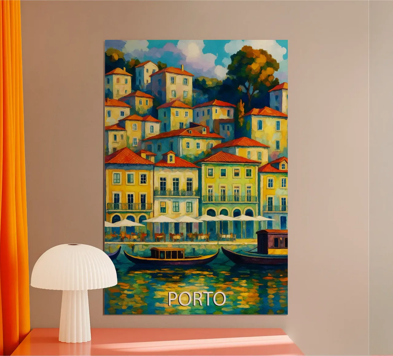 porto portoghese skyline pittura vettoriale poster con telaio in legno da adzkiya