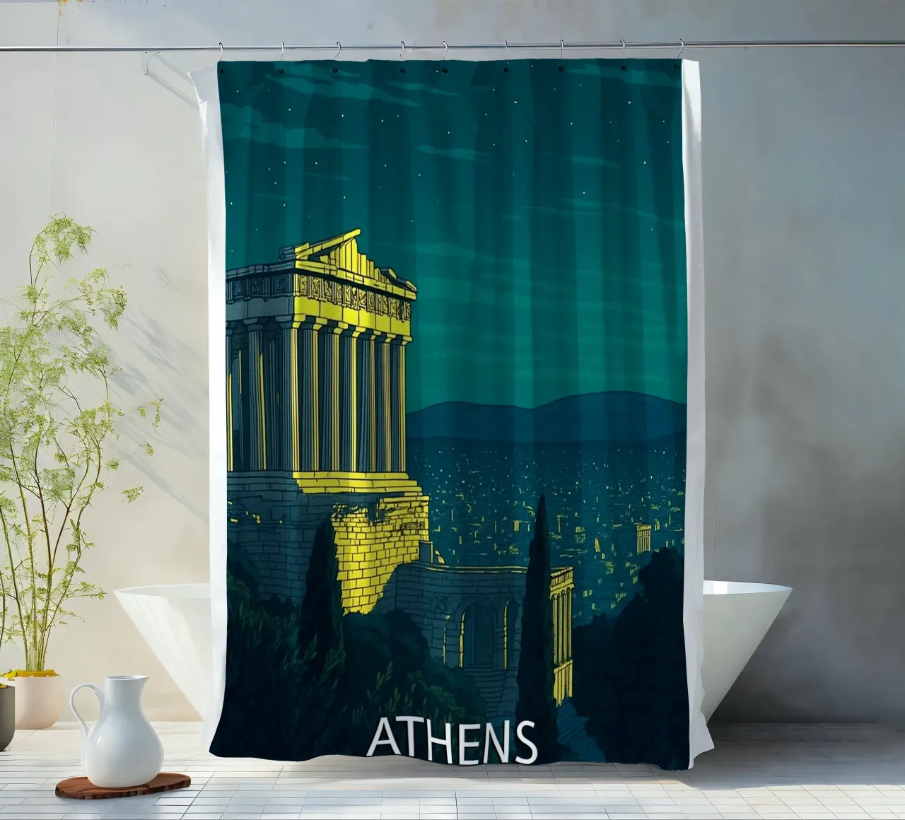 athens skyline vector painting shower curtain by adzkiya