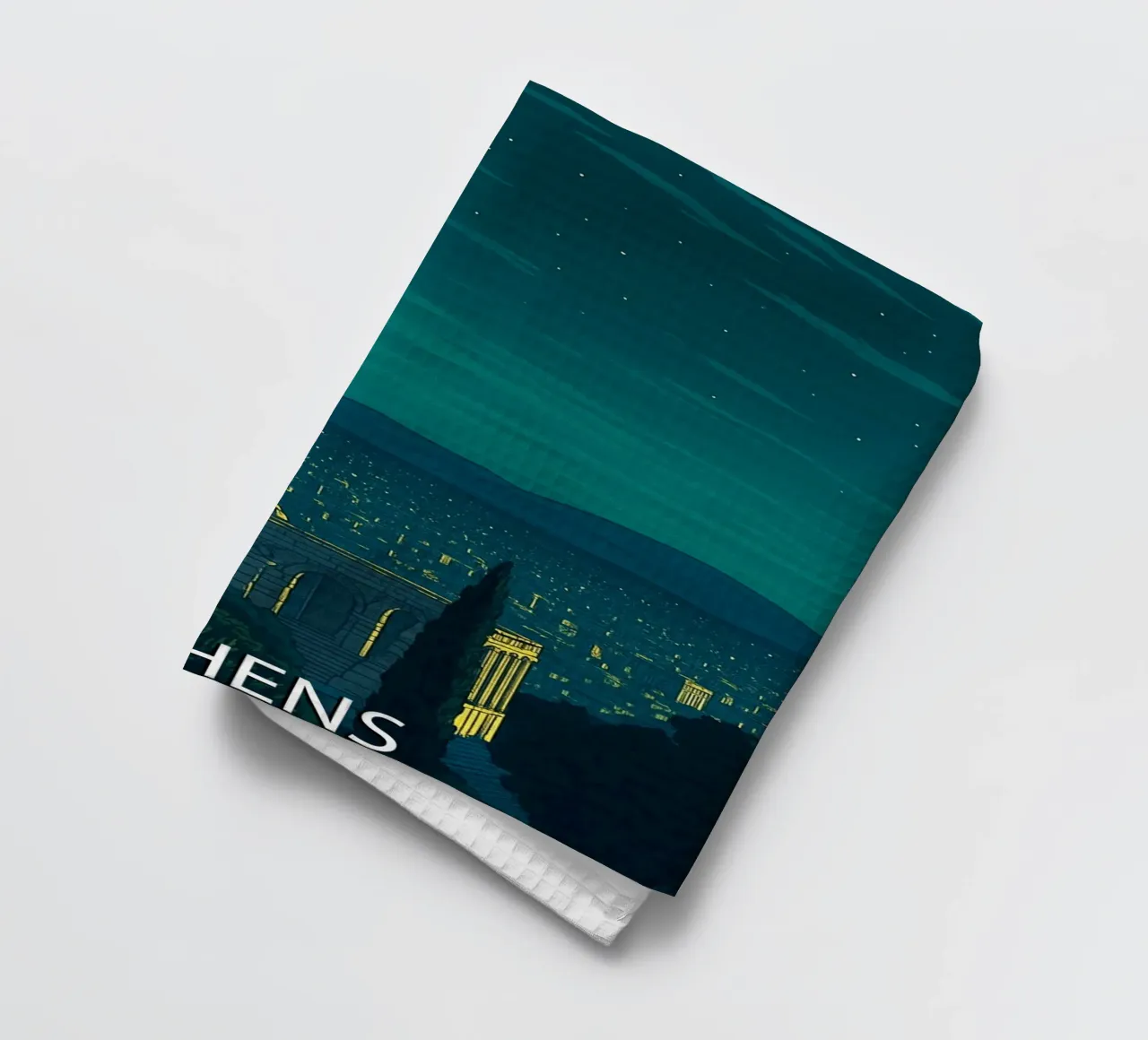 athens skyline vector painting tea towel by adzkiya