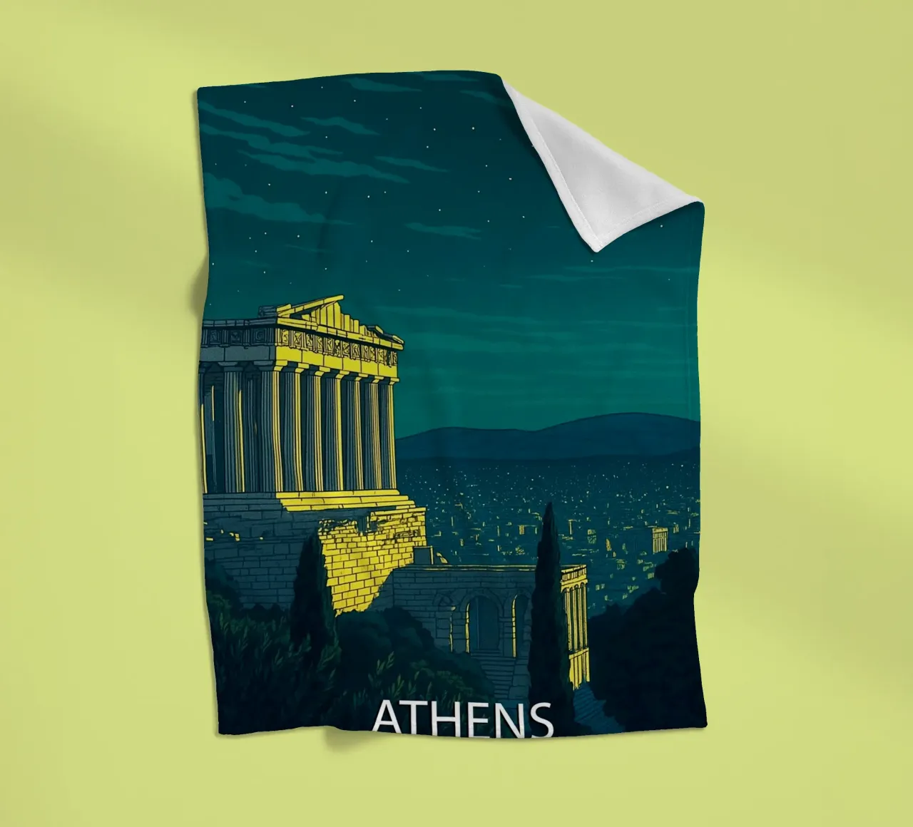 athens skyline vector painting fleece blanket by adzkiya