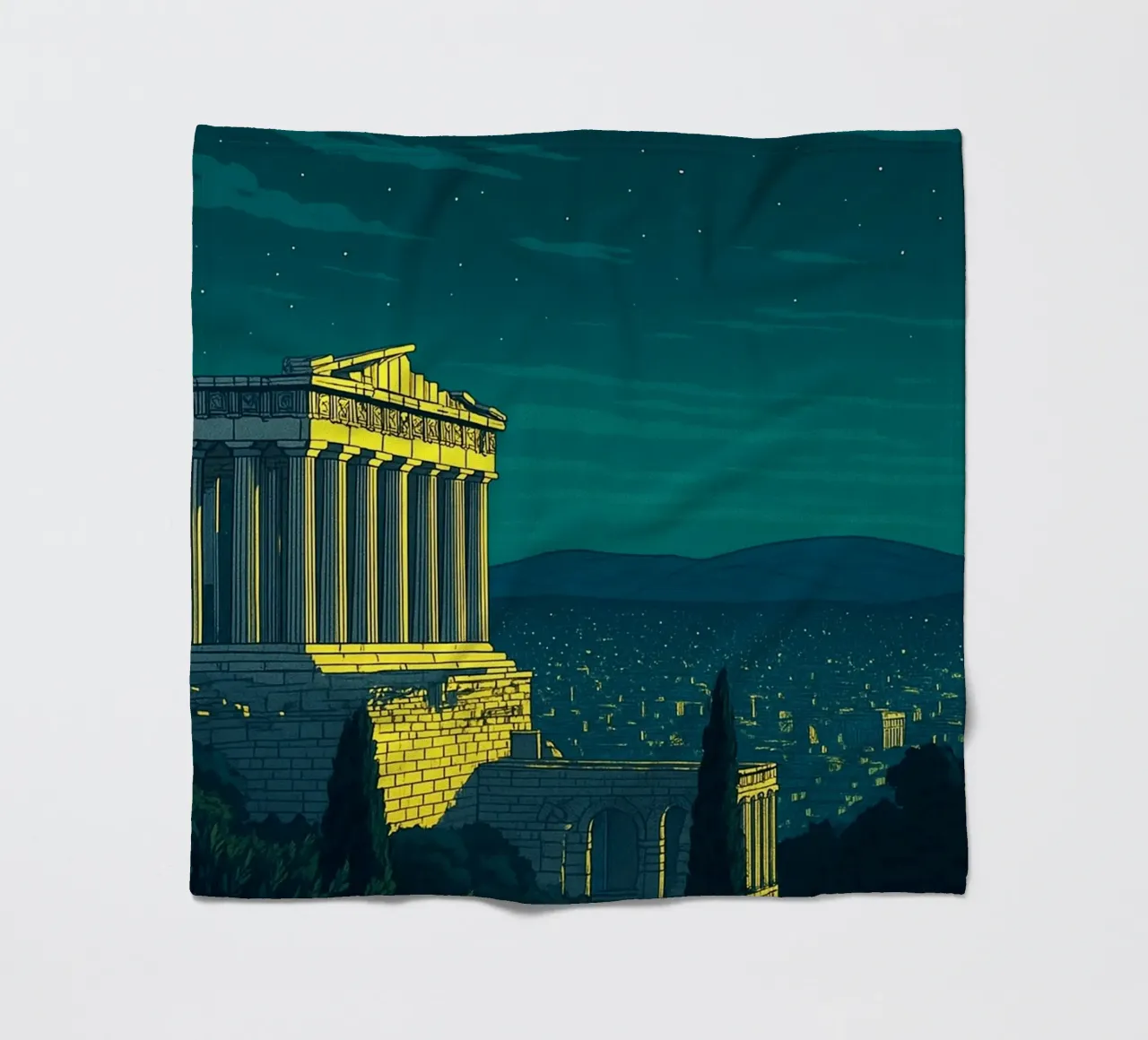 athens skyline vector painting fleece blanket by adzkiya