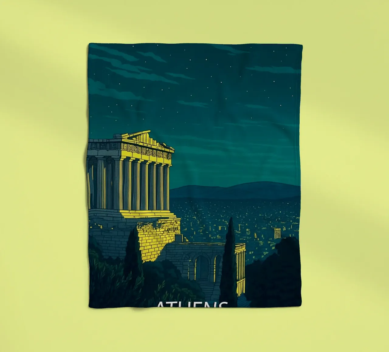 athens skyline vector painting fleece blanket by adzkiya