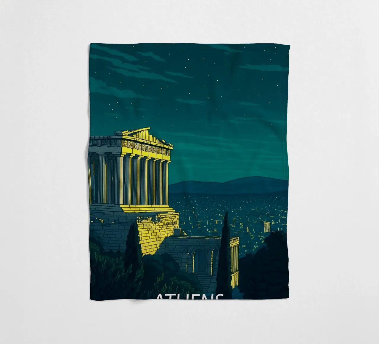 athens skyline vector painting fleece blanket by adzkiya