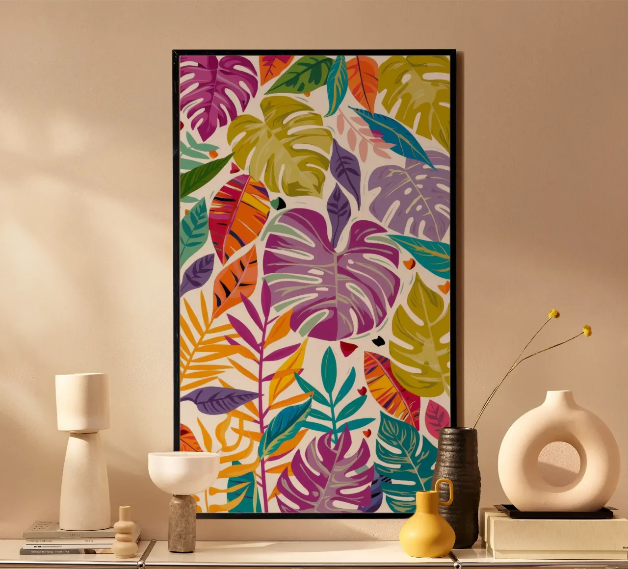 Gioco delle foglie di ametista poster con telaio in legno da Grande Serene