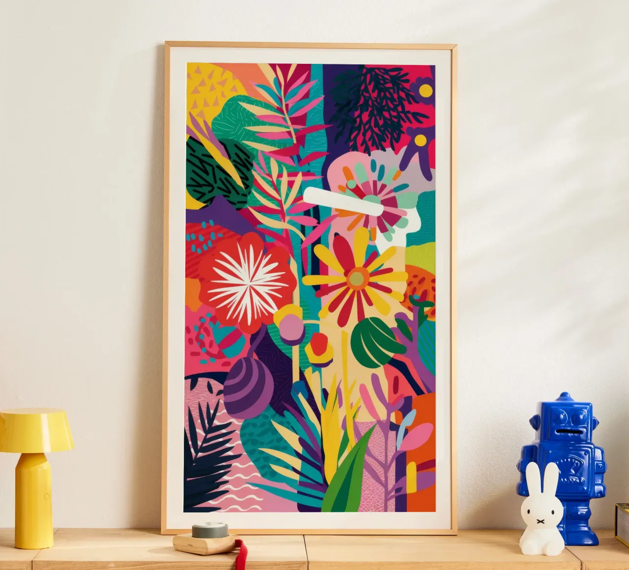 Collisione floreale al neon poster con telaio in alluminio da Grande Serene