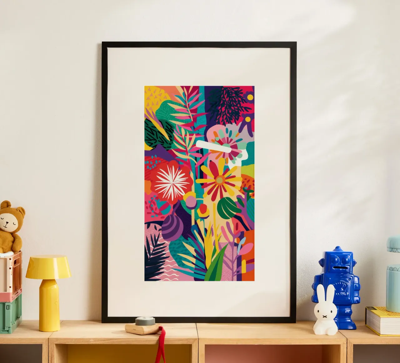 Collisione floreale al neon poster con telaio in alluminio da Grande Serene