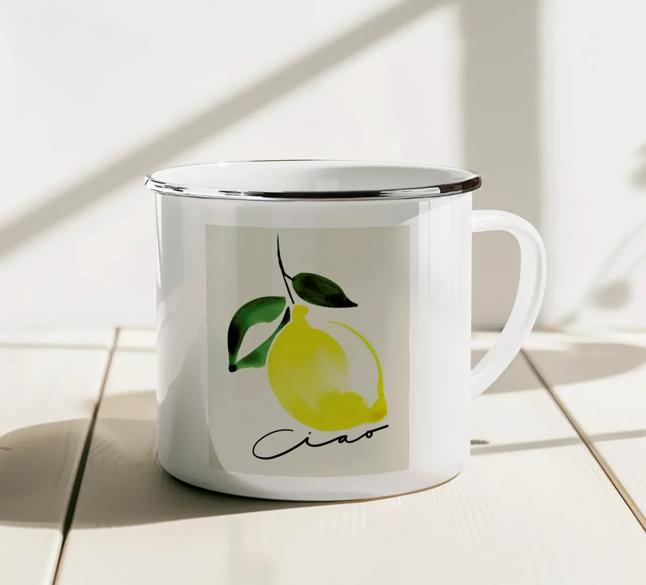 Ciao Emaille Tasse von Ekaterina Koroleva