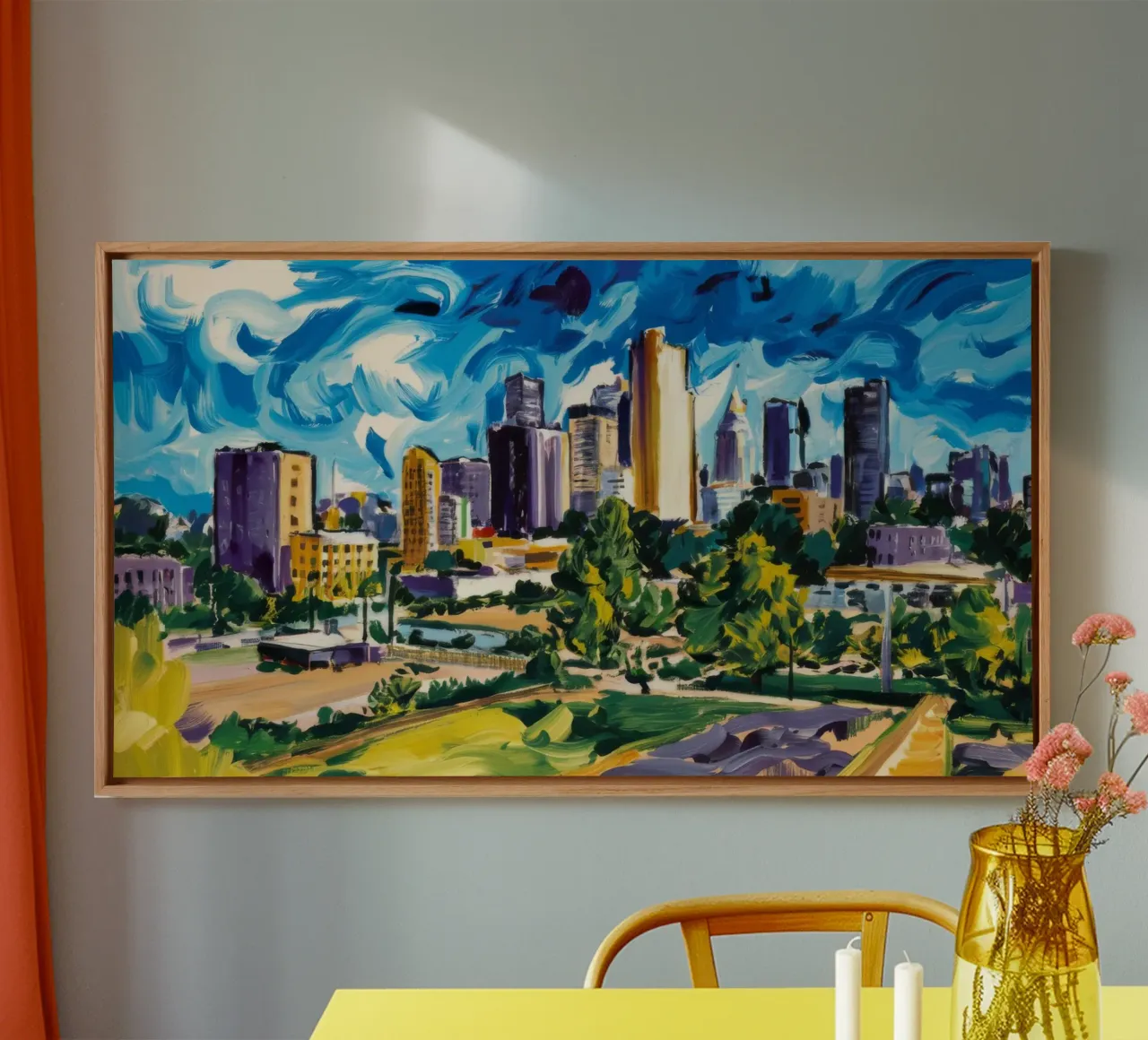 Metropolis Verdant Skyline canvas met Baklijst van Lush Essence