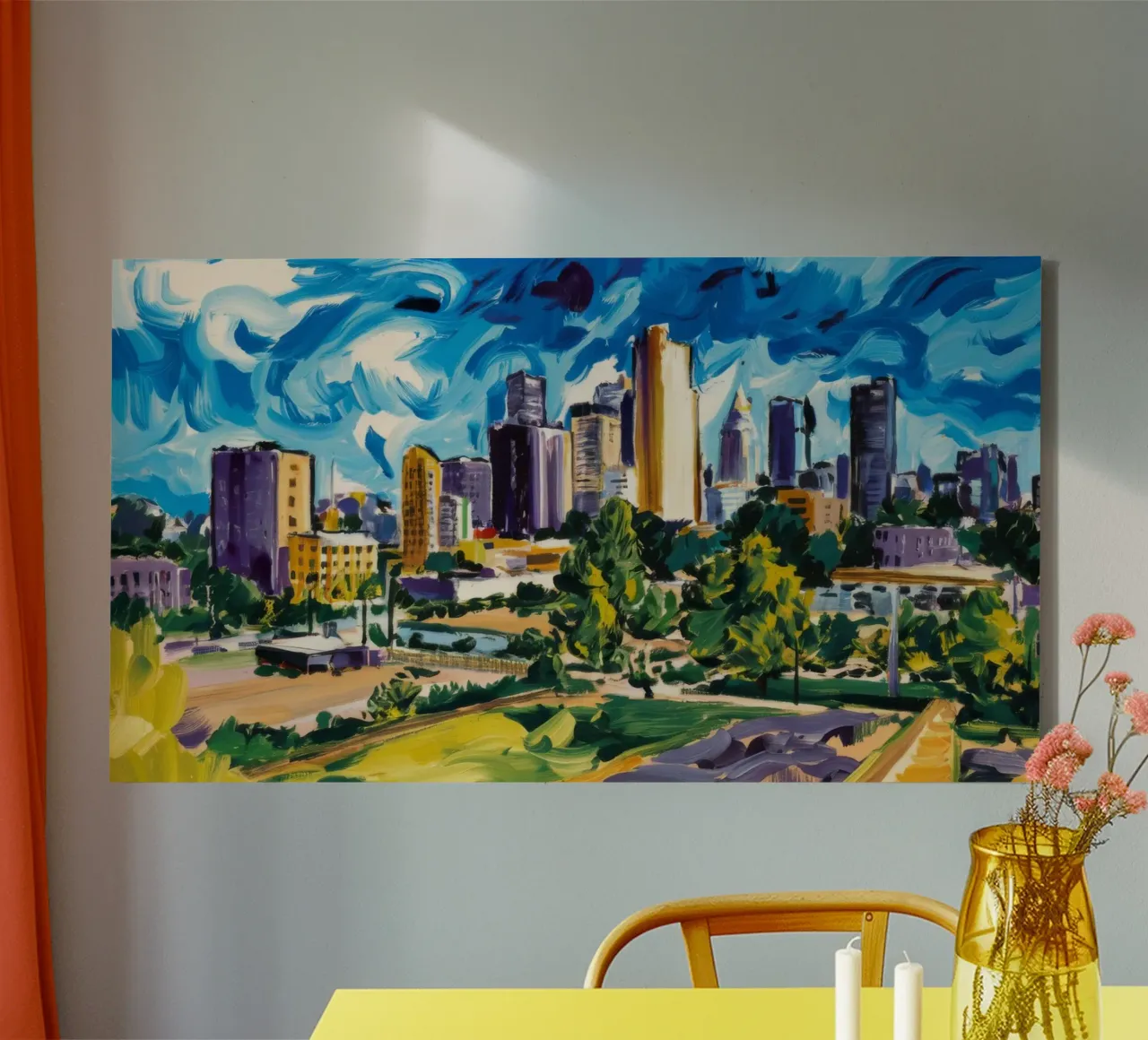 Metropolis Verdant Skyline canvas met Baklijst van Lush Essence