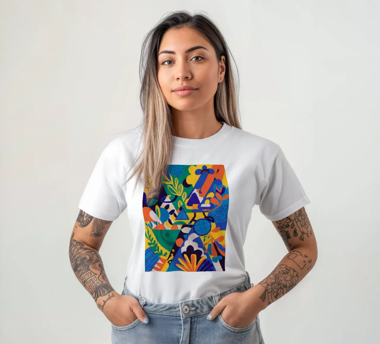 Geometrische bloei fusie t-shirt van Grande Serene