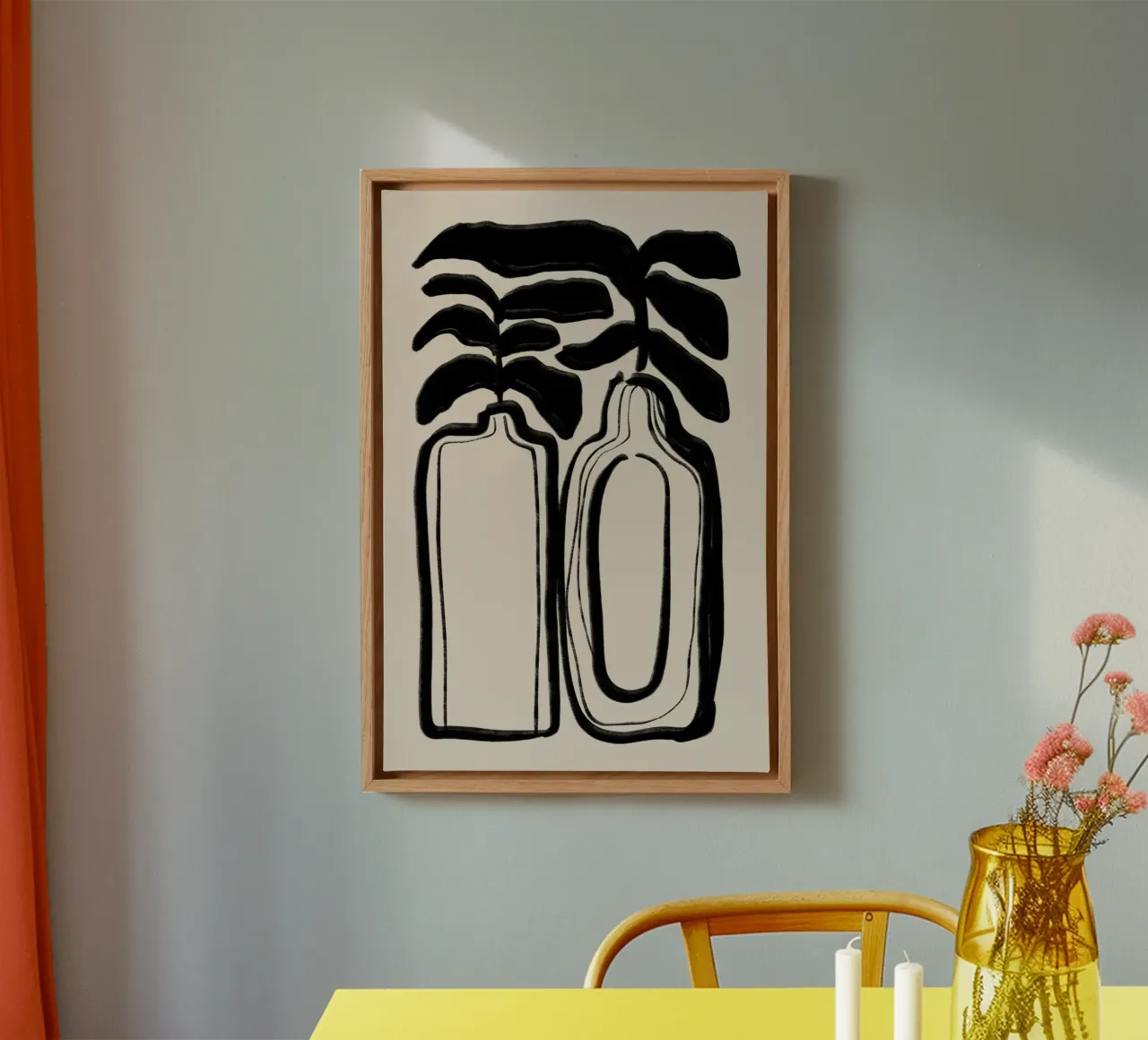Abstract Black Vases with Leaves on Beige canvas with Floater frame by Melloi Art Print