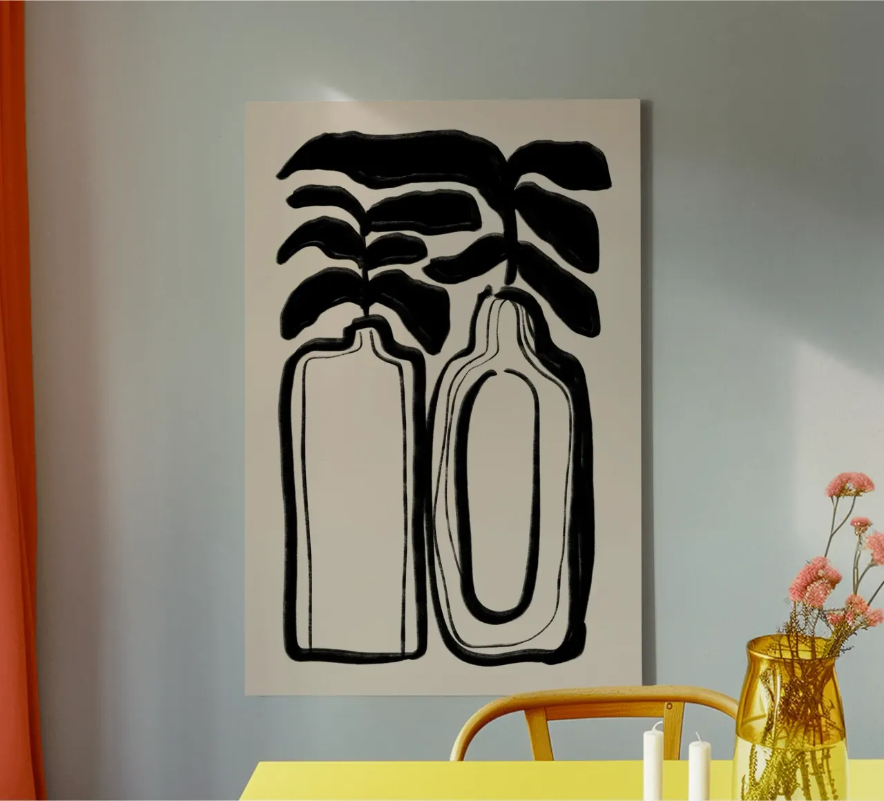 Abstract Black Vases with Leaves on Beige canvas with Floater frame by Melloi Art Print