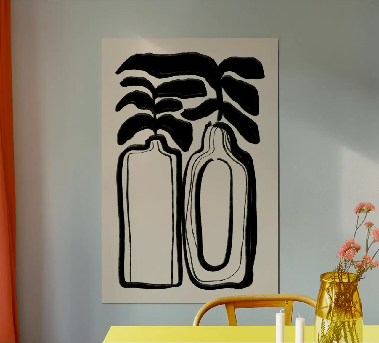 Vasi neri astratti con foglie su sfondo beige poster con telaio in plastica da Melloi Art Print