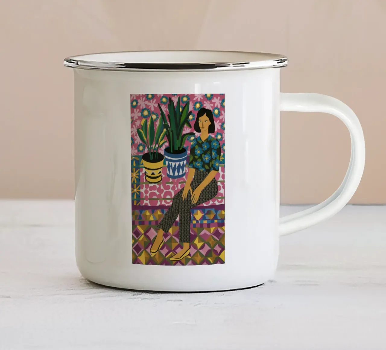 Terraza Tejedora Mujer taza de esmalte de Grande Serene