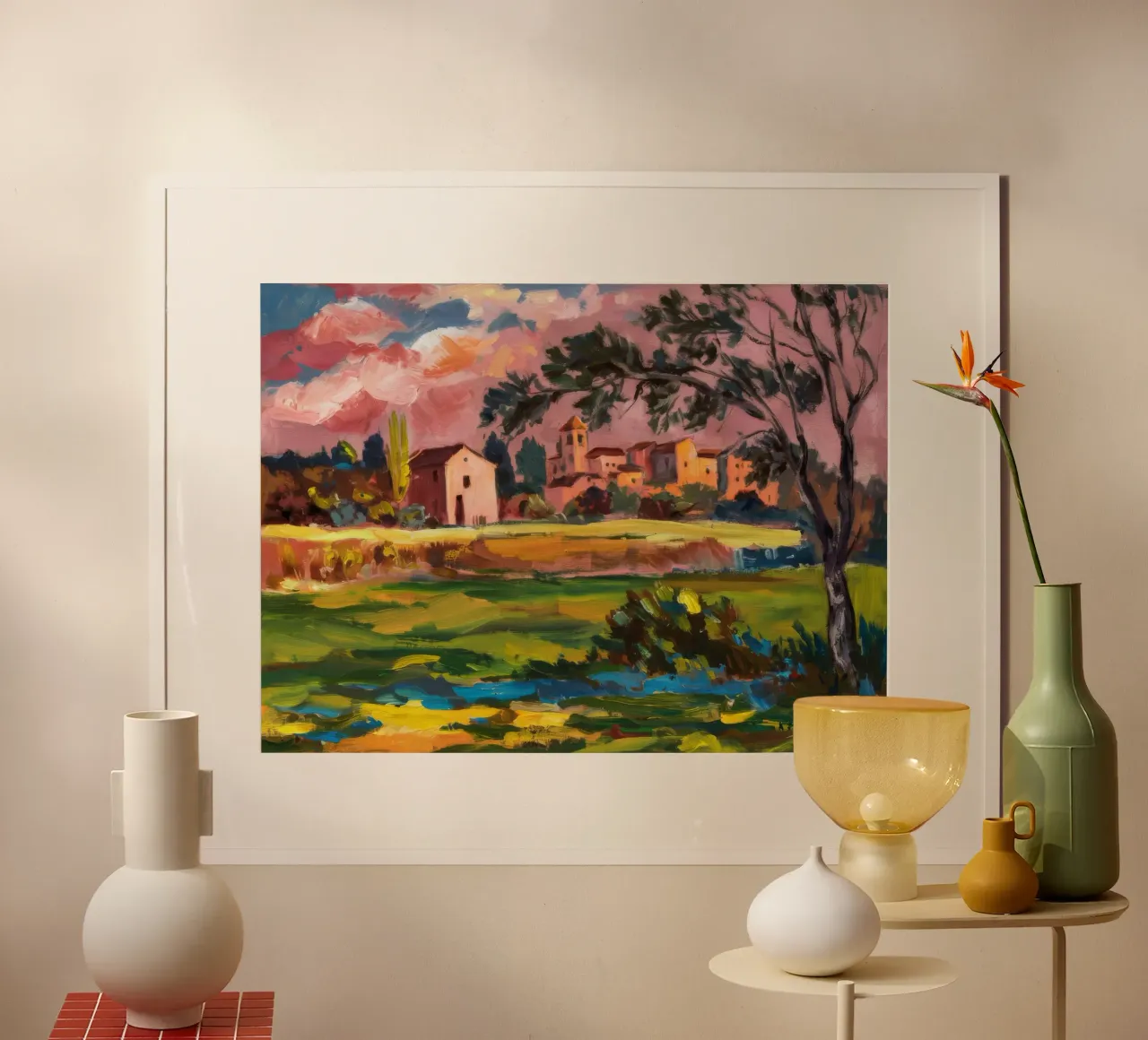 Idillio rurale al tramonto poster con telaio in plastica da Lush Essence