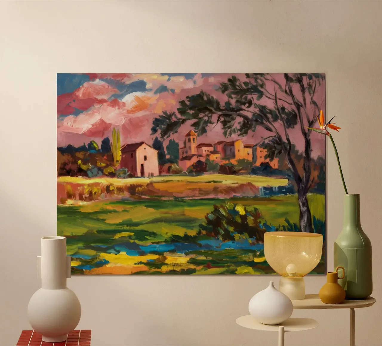 Idillio rurale al tramonto poster con telaio in plastica da Lush Essence