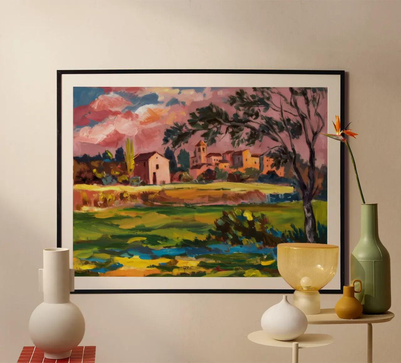 Idillio rurale al tramonto poster con telaio in plastica da Lush Essence