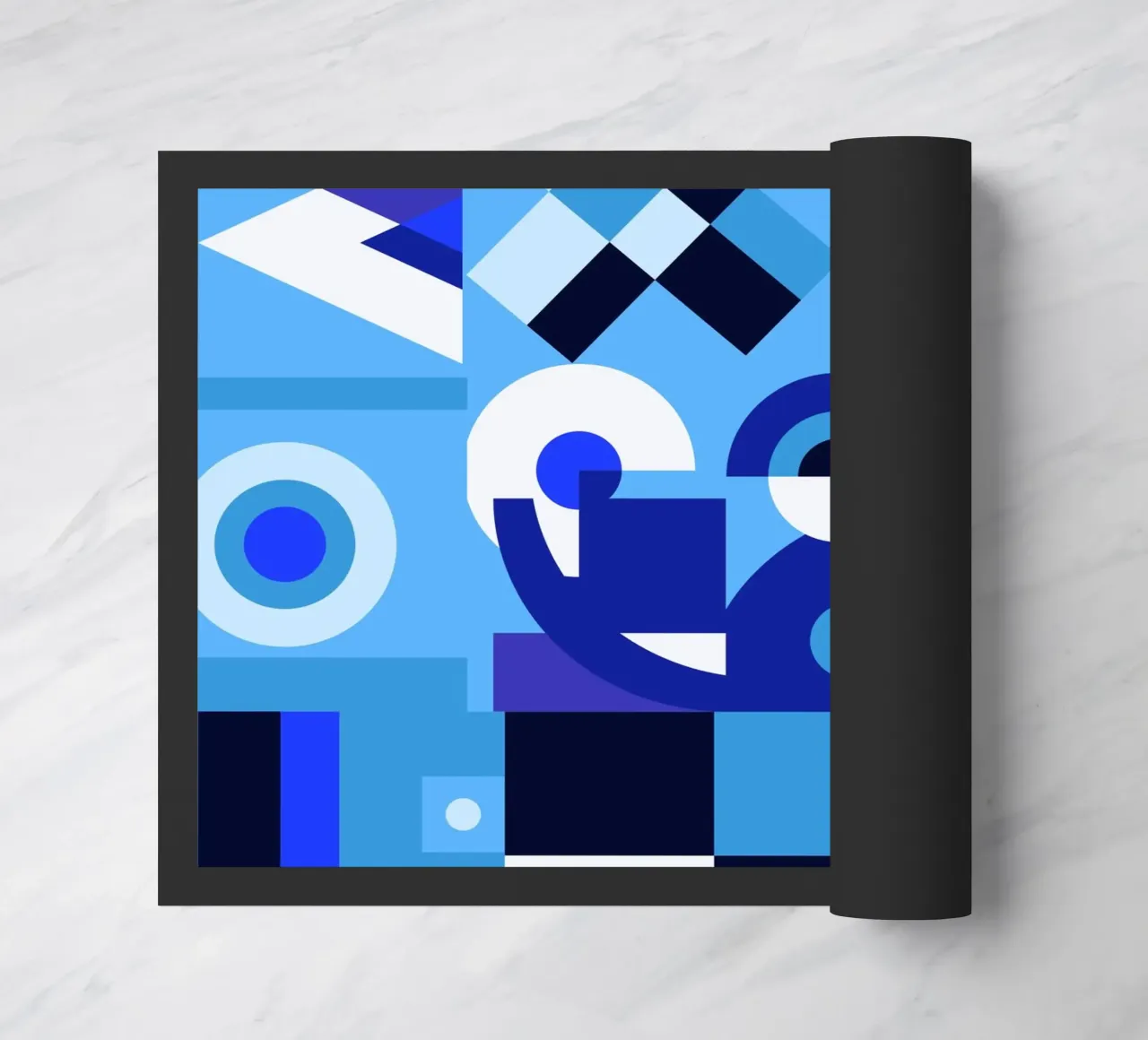 Blue geometric collage pattern doormat by Little Dean