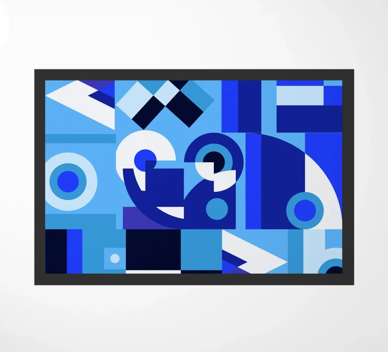 Blue geometric collage pattern doormat by Little Dean