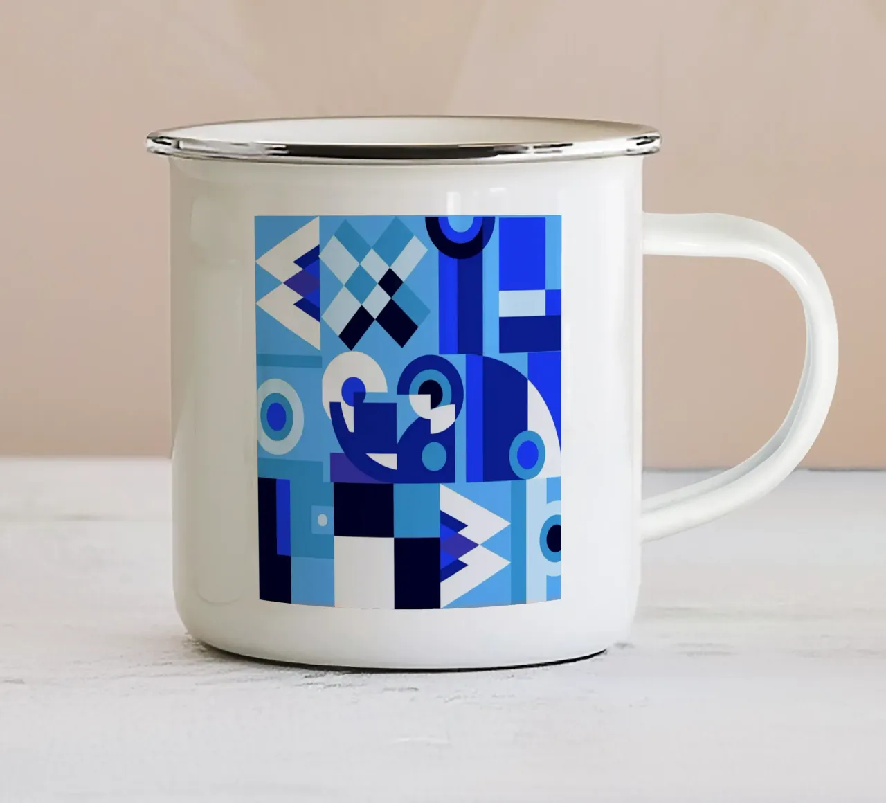 Modello di collage geometrico blu tazza in smalto da Little Dean