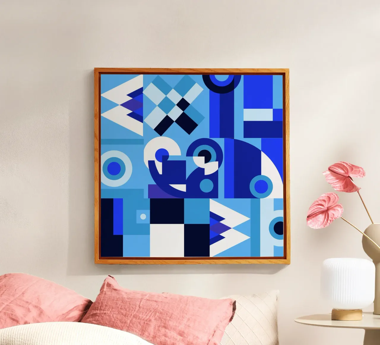 Blauw geometrisch collage patroon acryl van Little Dean