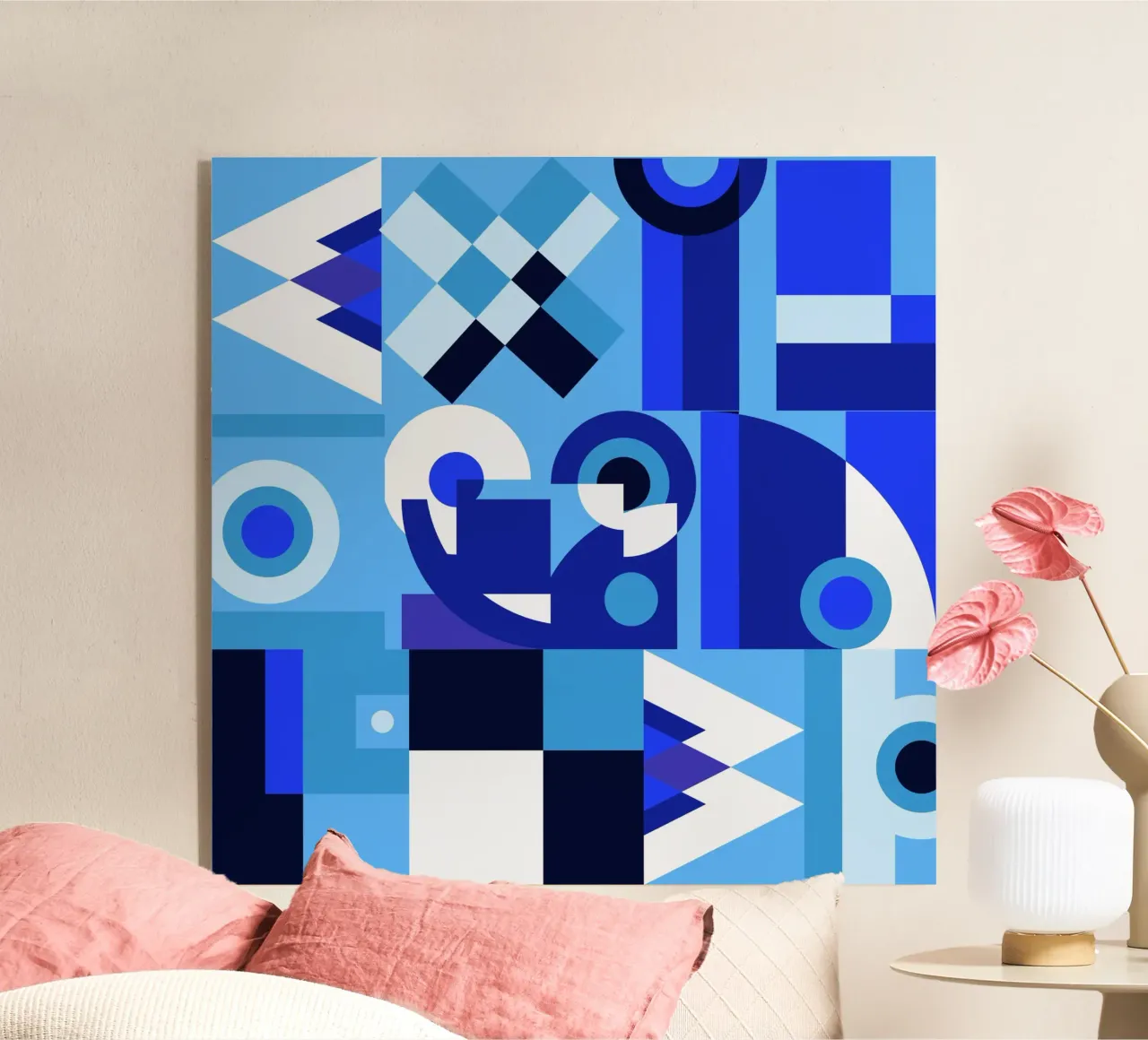Blauw geometrisch collage patroon acryl van Little Dean