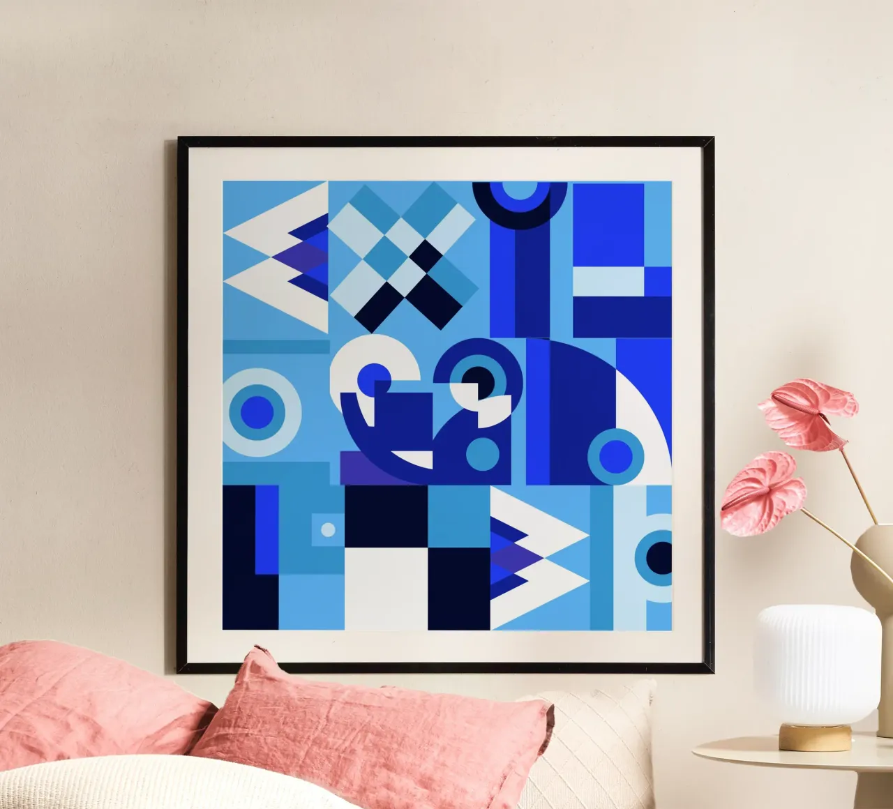 Blue geometric collage pattern poster by Little Dean