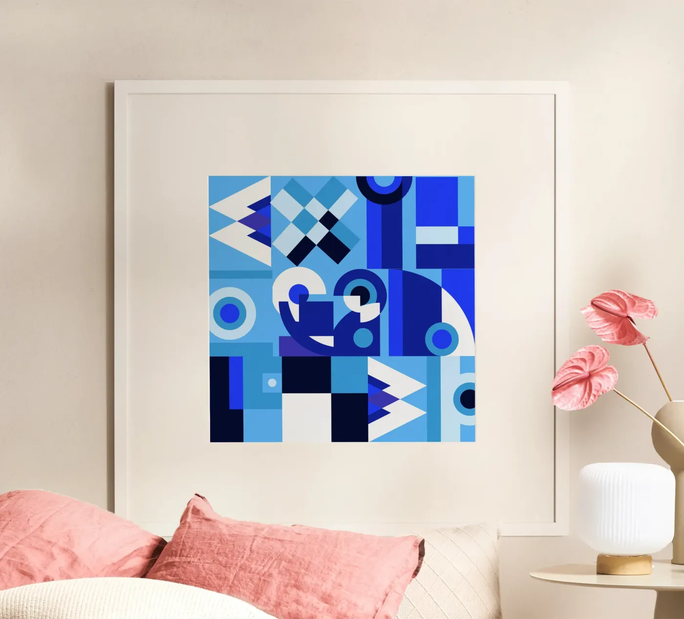 Blue geometric collage pattern poster by Little Dean