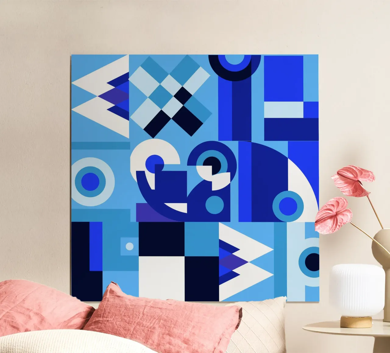 Blue geometric collage pattern poster by Little Dean