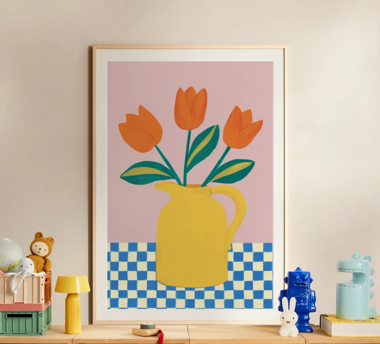Tulipán a cuadros Glow poster con marco de madera de Moonlite Desire