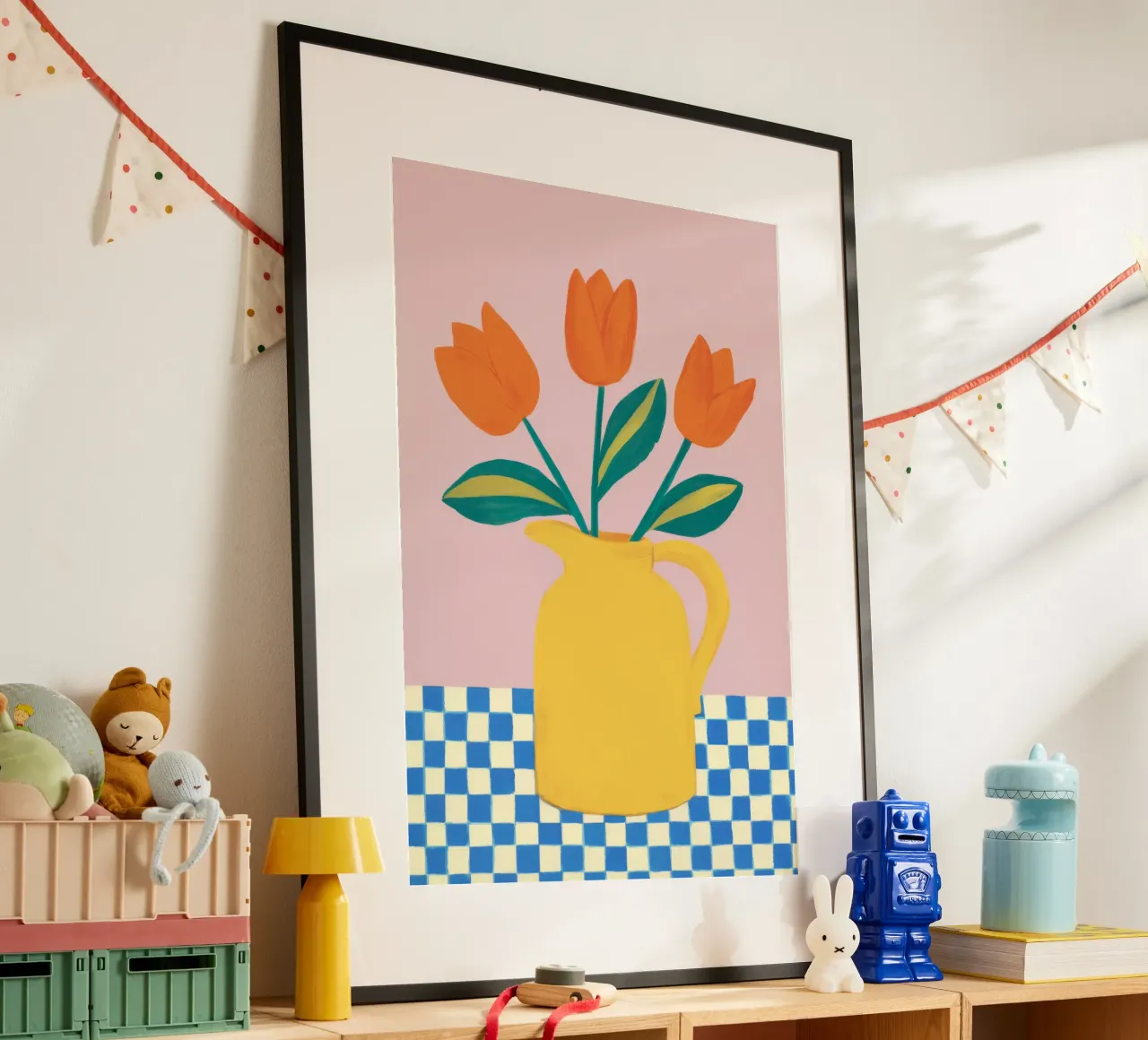 Tulipán a cuadros Glow poster con marco de madera de Moonlite Desire