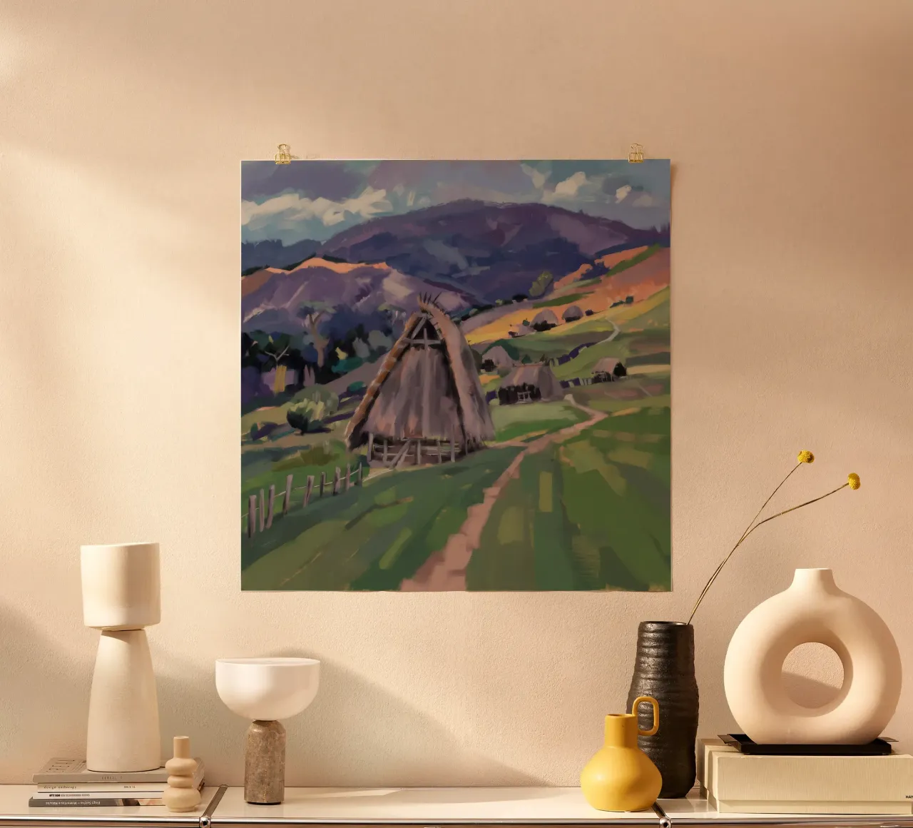 Die grüne Aussicht der Scheune Poster mit Kunststoffrahmen von Radiance Landscape