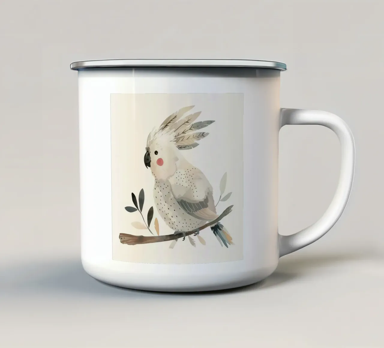 Ätherischer Kakadu unter zartem Laub Emaille Tasse von DesignDoodle